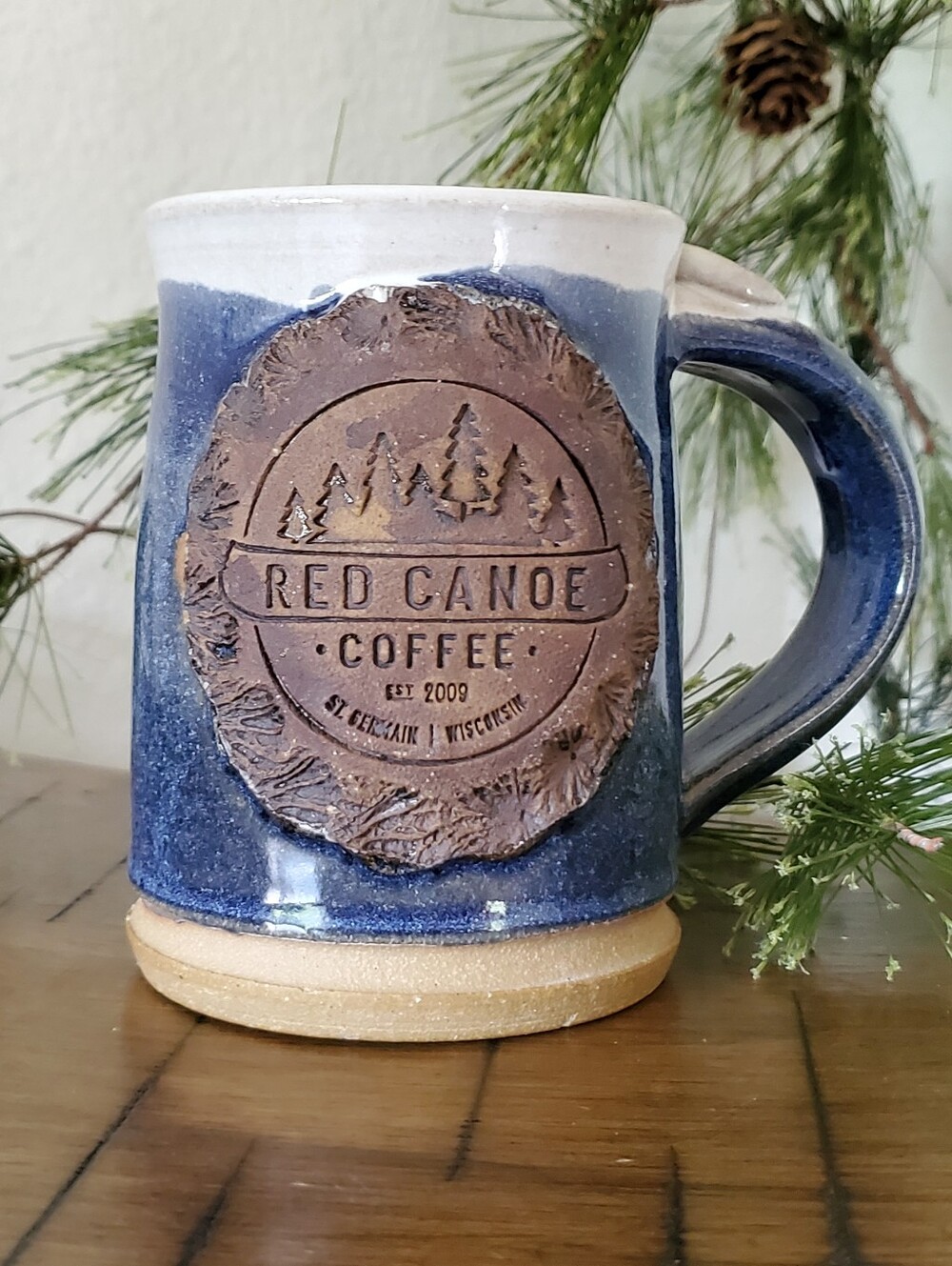 Bear Paw Pottery Red Canoe Coffee St Germain WI Blue Stoneware Mug